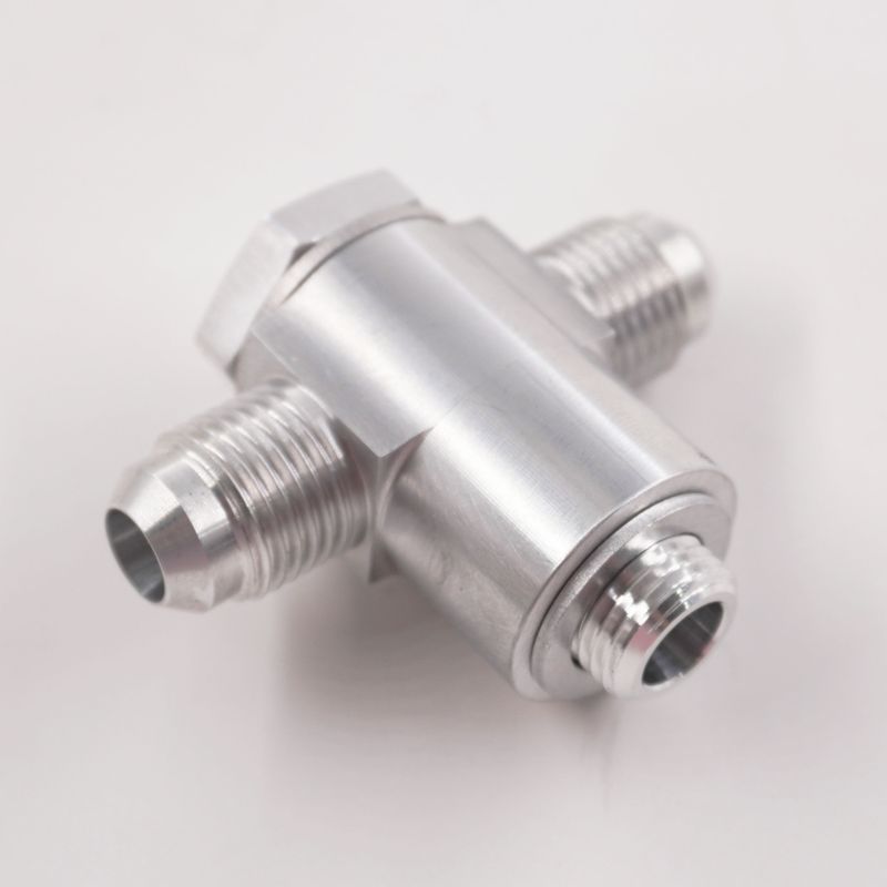 Double Carburetor Banjo Fitting Assembly: 1/2-20 x -6AN Double Banjo Fitting (Clear Aluminum w/ Crush Washers) - 5257