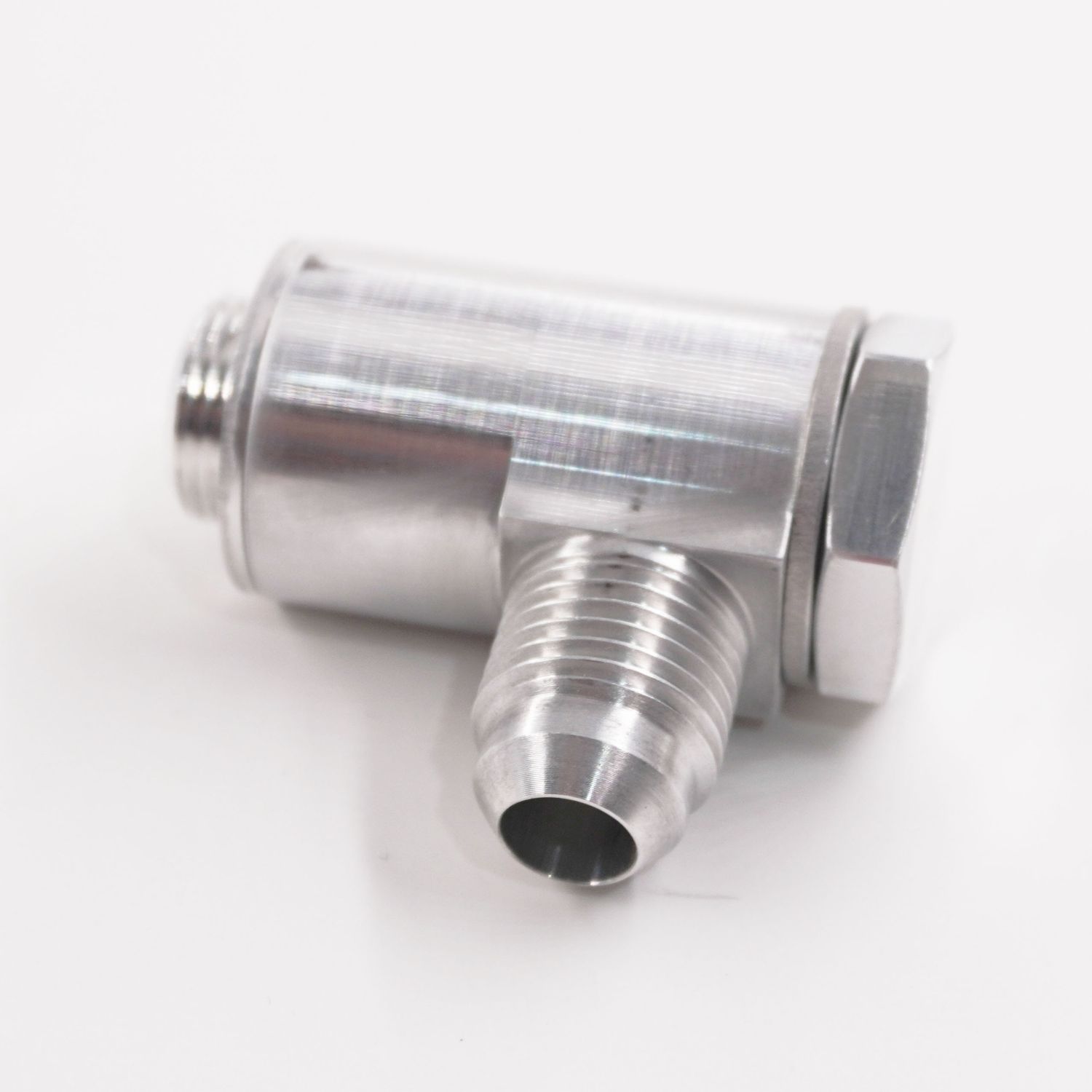 Single Carburetor Banjo Fitting Assembly: 9/16-24 X -6AN Single Banjo Fitting (Clear Aluminum  W/ Crush Washers)- 5251