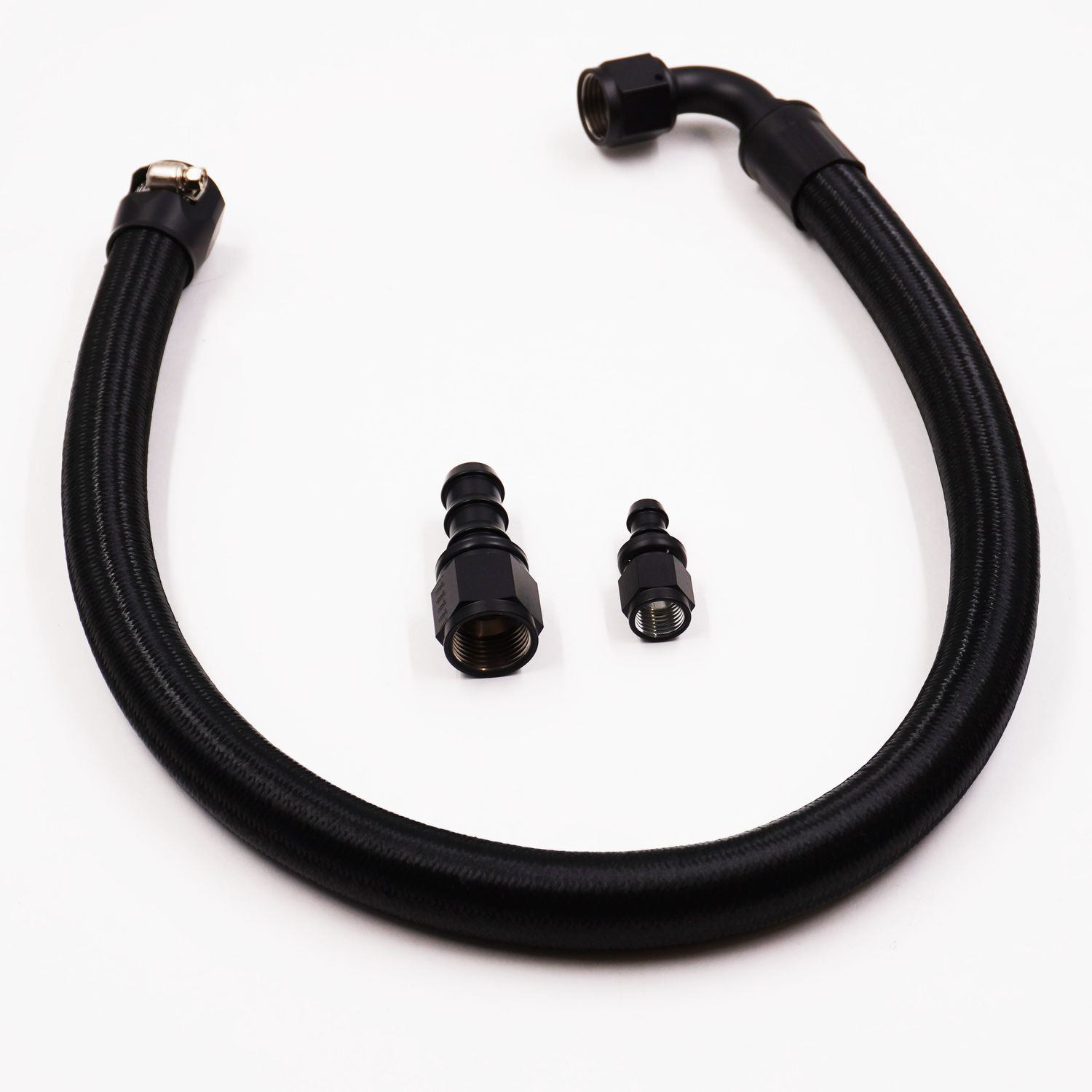 Pure Stealth Nylon Braided Remote Reservoir Power Steering Hose Kit - 90°  on Pump - 180°  on Reservoir - X11918090, Color: Stealth Black