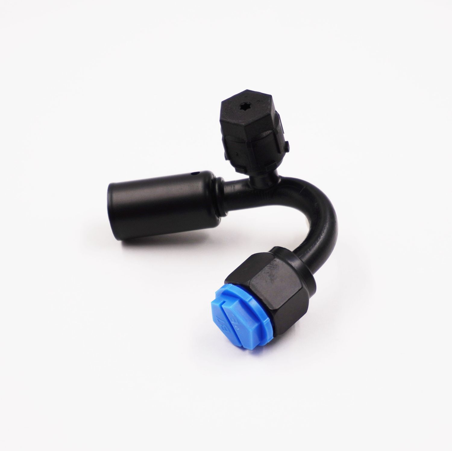 Pure Stealth Black Reduced Barrier Beadlock A/C Hose End Fittings with Service Port - 135 Degree, Size: #8 - X355420 - RH Port