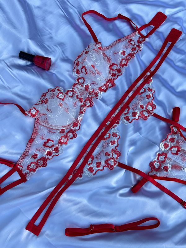 Embrace elegance and allure in this red and white underwire garter set.