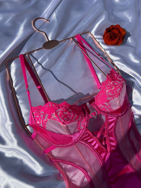Bold &amp; Sultry Hot Pink Bodysuit with Underwire and Sheer Mesh Detailing.