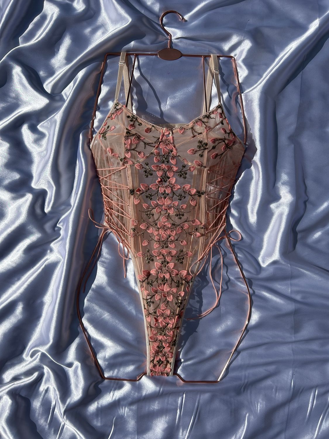 Seductive Embroidered Mesh Lace-Up Bodysuit for a Bold, Elegant Look