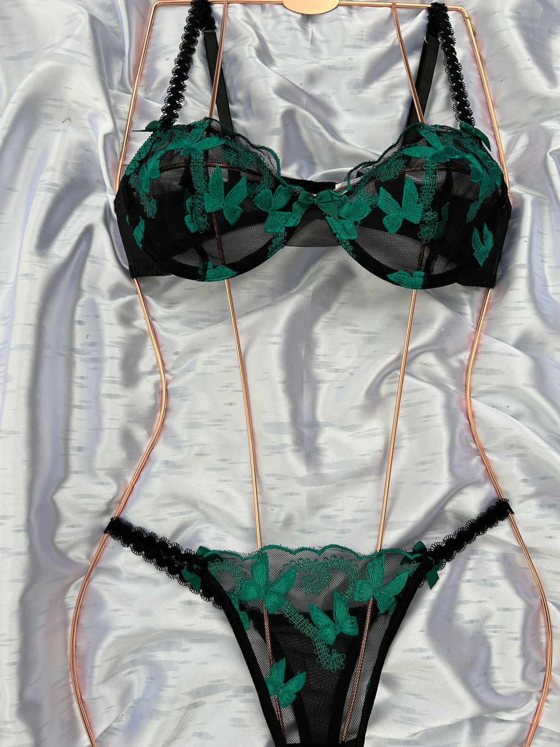 Black Mesh Lingerie Set with Embroidered Emerald Green Florals