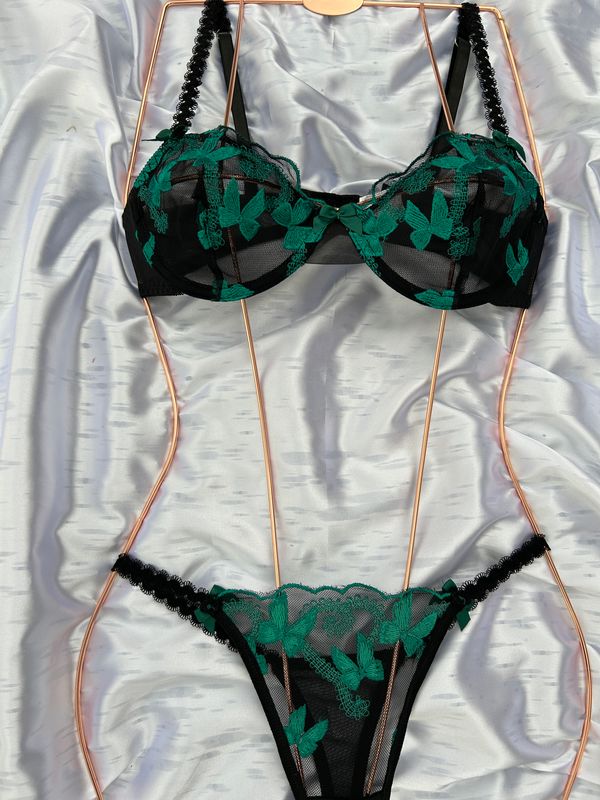 Black Mesh Lingerie Set with Embroidered Emerald Green Florals
