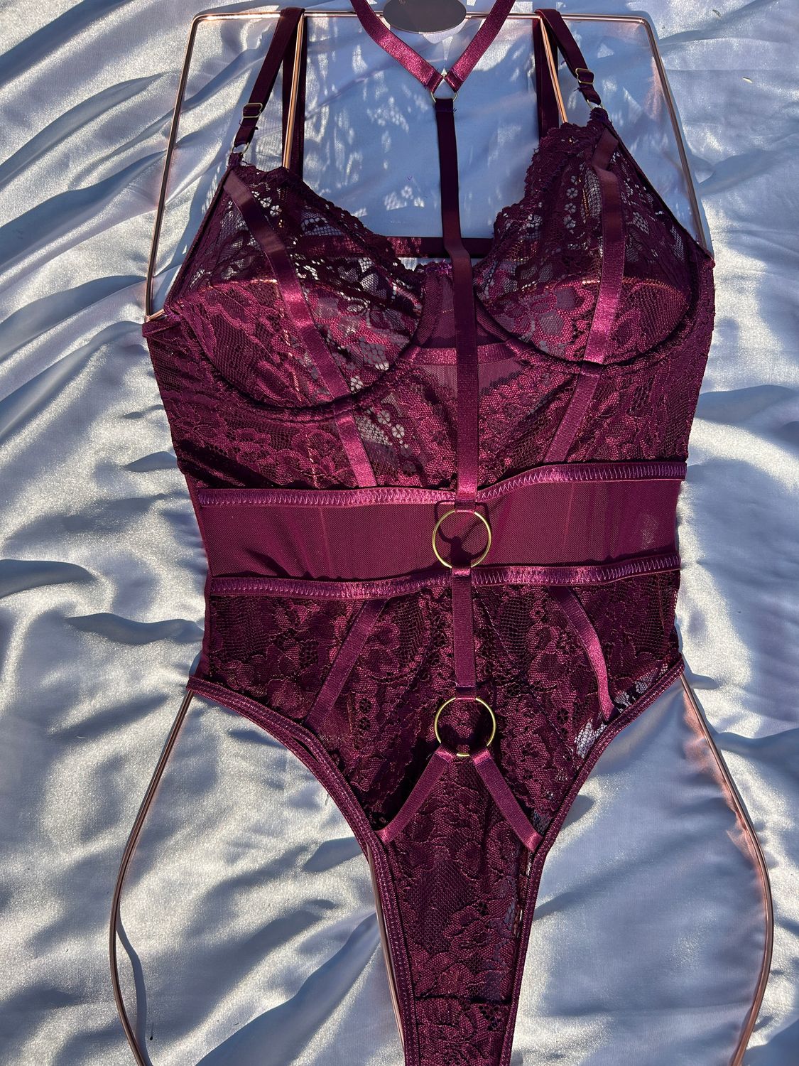 Velvetine Dream: Sumptuous Burgundy Velvet and Lace Bodysuit with a Harness-Inspired Design
