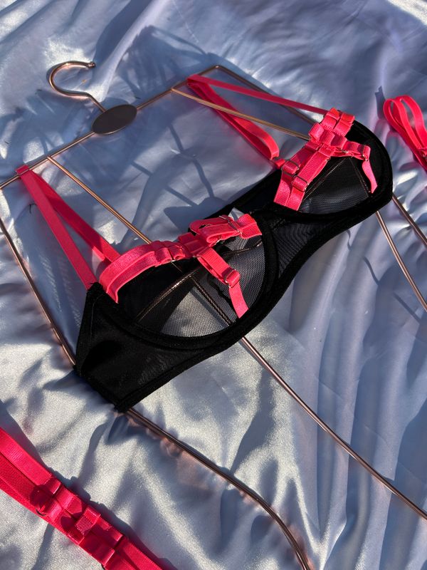Pink Lightning: Bold Black Lingerie with Eye-Catching Neon Pink Straps and a Playful Thong