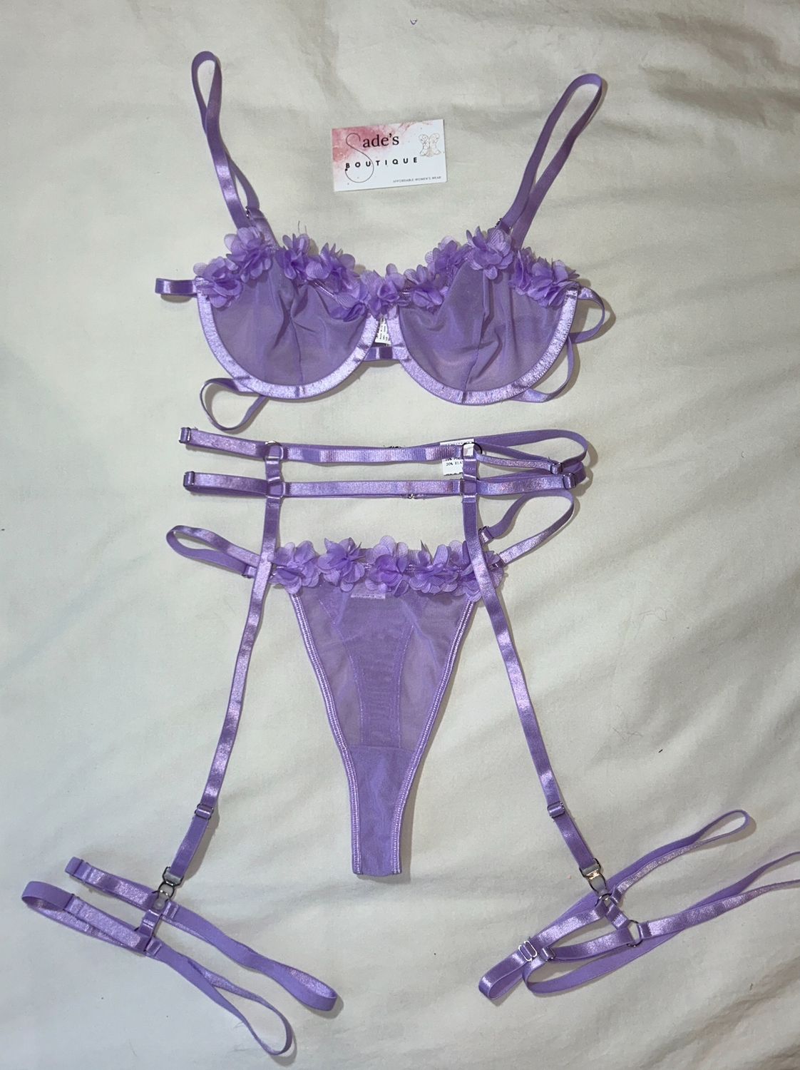 Appliques underwire lingerie lilac purple set ,