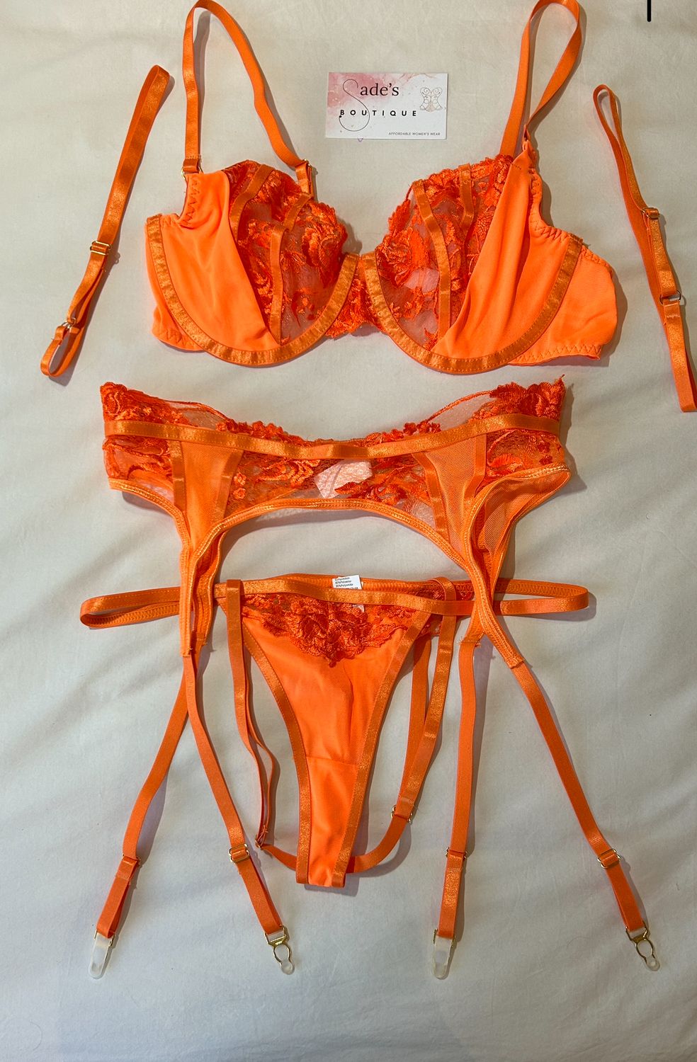Tangerine Dream: Orange Lace Lingerie Set with Delicate Floral Embroidery
