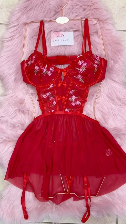 Red floral embroidery mesh bow front garter underwire slips and panty