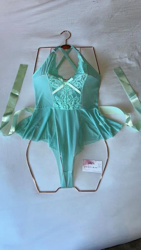 Mint blue contrast lace mesh bow front ruffle hem bodysuit