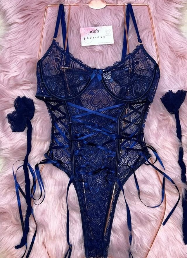 Navy Blue lace up garter teddy bodysuit
