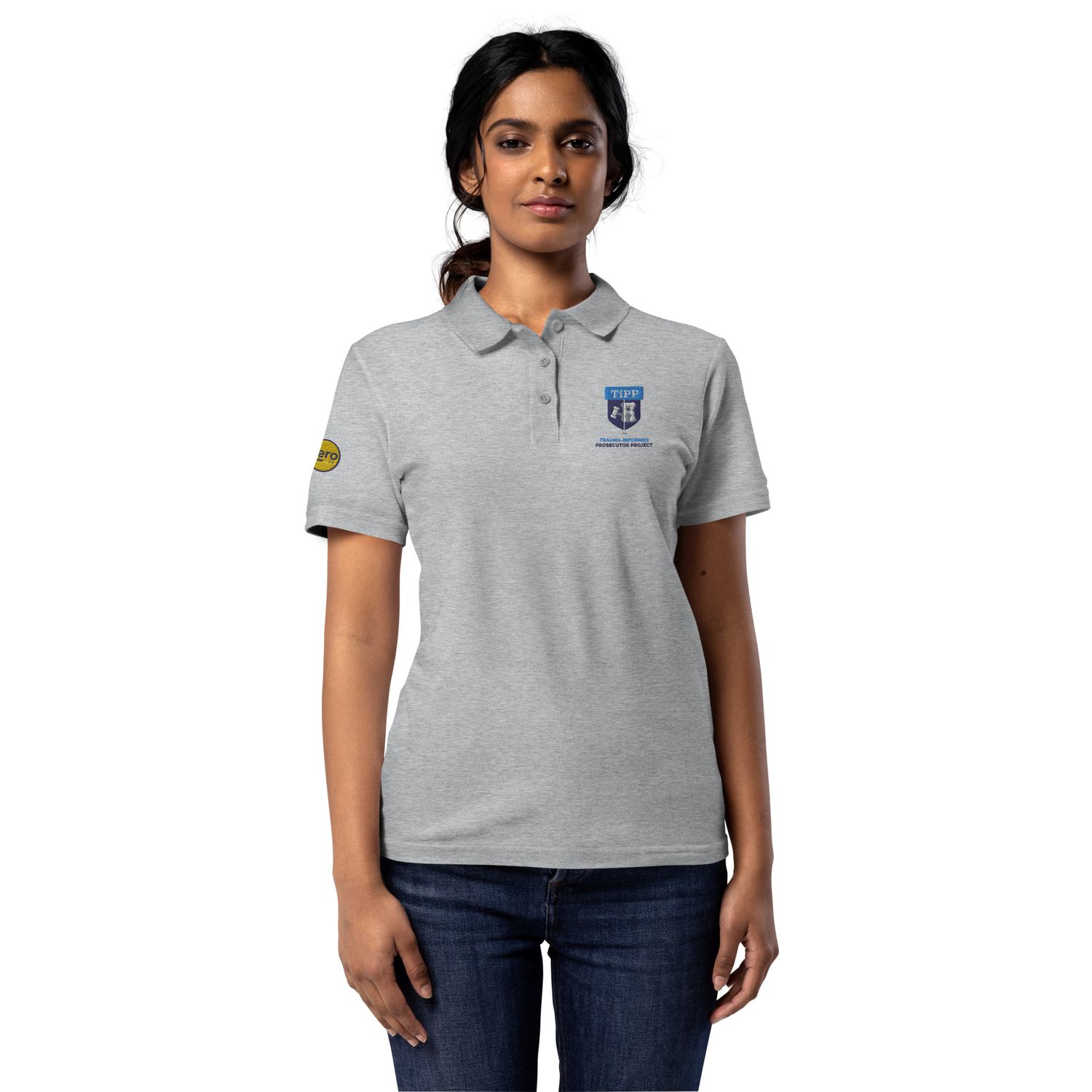 Women’s Pique Polo Shirt - TiPP (White &amp; Grey, Vertical Logo)