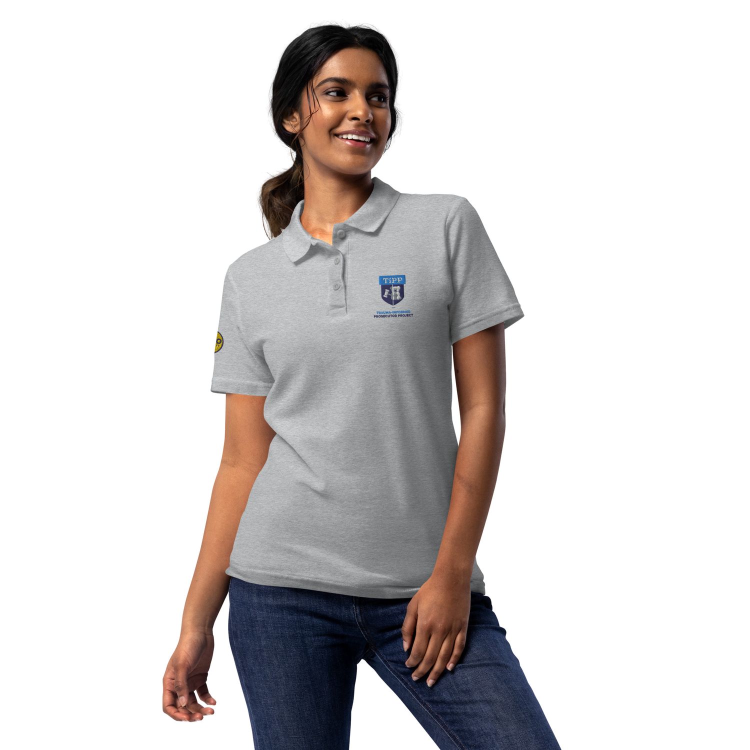 Women’s Pique Polo Shirt - TiPP (White &amp; Grey, Vertical Logo)