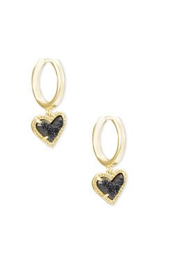 ARI HEART HUGGIE EARRING GOLD BLACK DRUSY