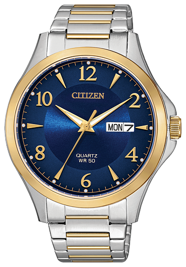 Mens Quartz Two Tone Band with Navy Blue Face and gold Details