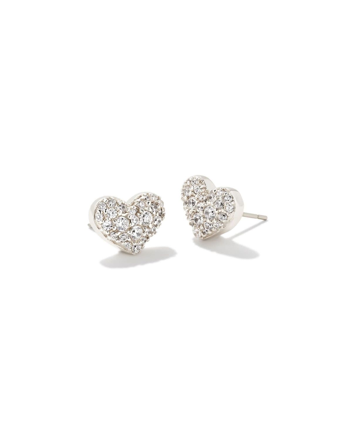 ARI PAVE CRYSTAL HEART EARRINGS RHODIUM METAL WHITE CZ