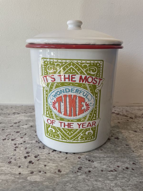Enameled Container with Lid and Red Rim