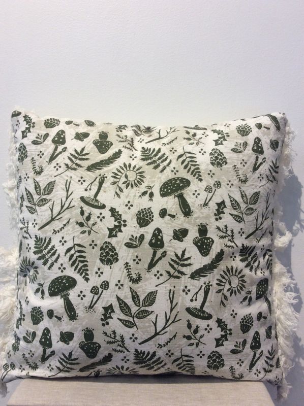 18&quot; Square Cotton Slub Printed Pillow with Pattern and Fringe, Multi Color