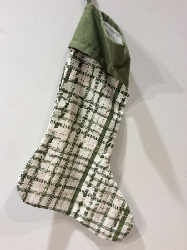 20&quot;H Cotton Slub Printed Plaid Stocking, Green, White and Sienna Color