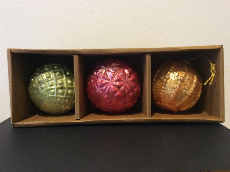 3&quot; Round Embossed Glass Ornaments in Kraft Box- Orange Set of 3