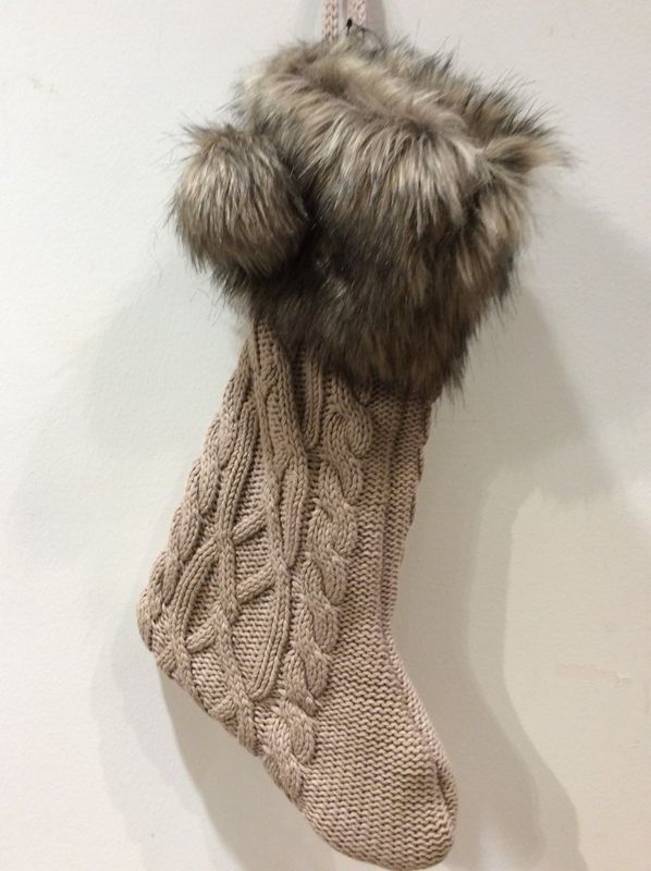 20&quot;H Cotton Knit Stocking with Faux Fur Cuff and Pom Poms, Taupe Color