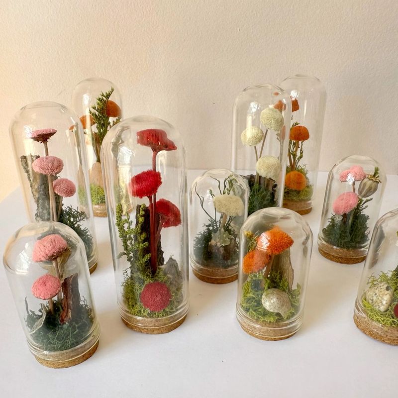 Mushroom Mix Terrarium Glass Cloche Cork Jar &amp; Florals