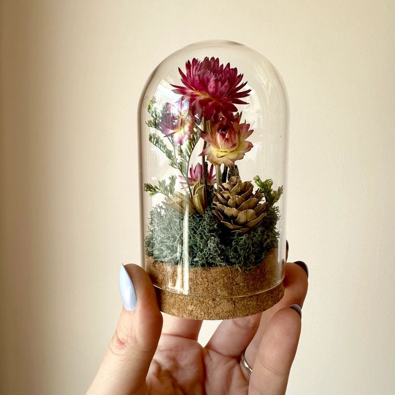 Large Botanical Glass Terrarium Jar W. Pink Dried Florals tall