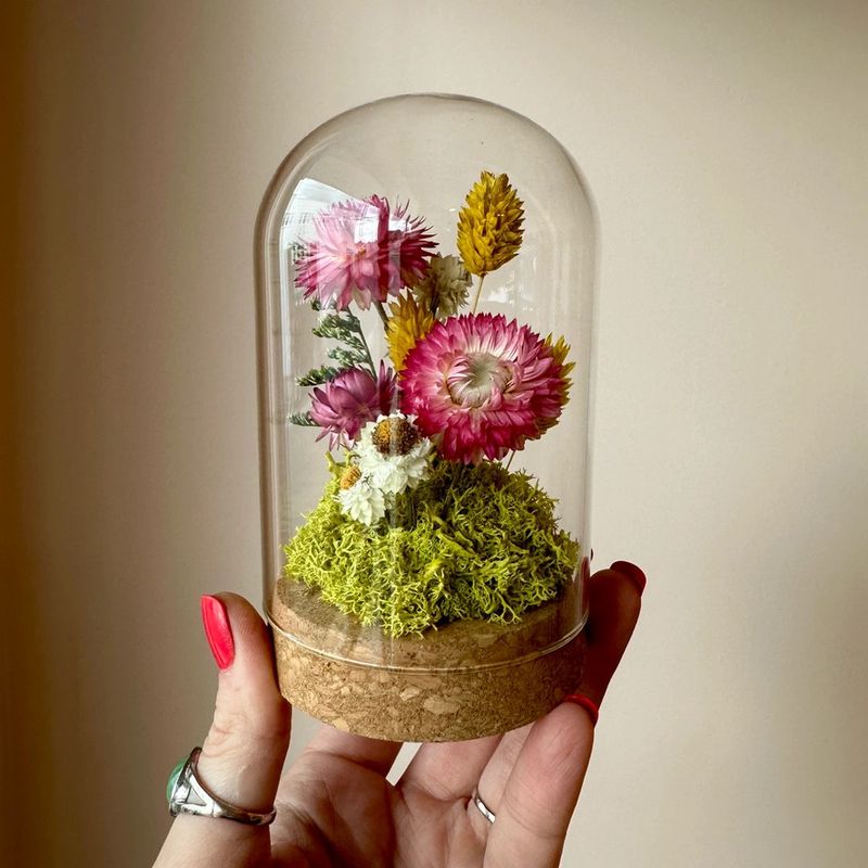 Large Botanical Glass Terrarium Jar W. Pink Dried Florals sunblush tall