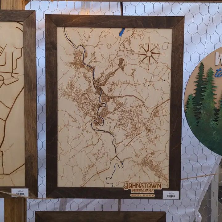 Wood Laser Cut Johnstown Map  Medium 14"x19", Black Frame