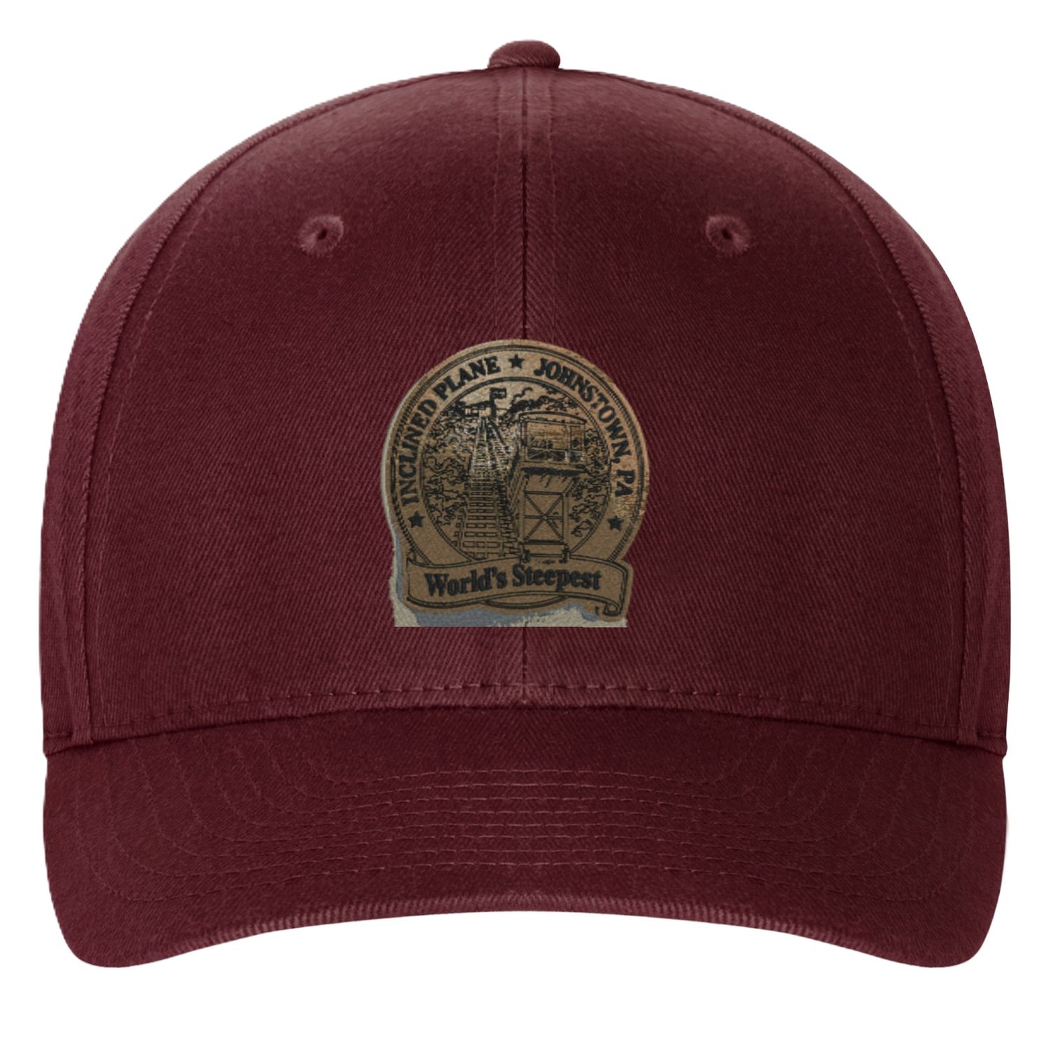 6 Panel Twill Cap Inclined Plane Leather Patch Logo Maroon