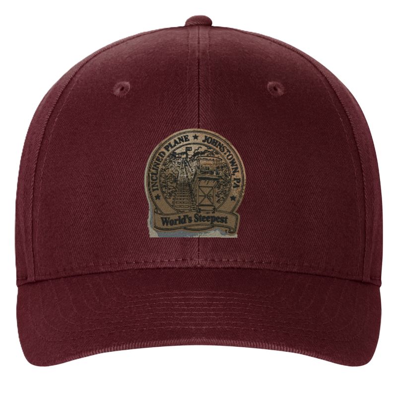 6 Panel Twill Cap Inclined Plane Leather Patch Logo Maroon