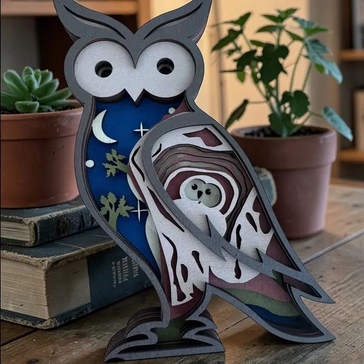 Layered wood Decoration Blue Owl