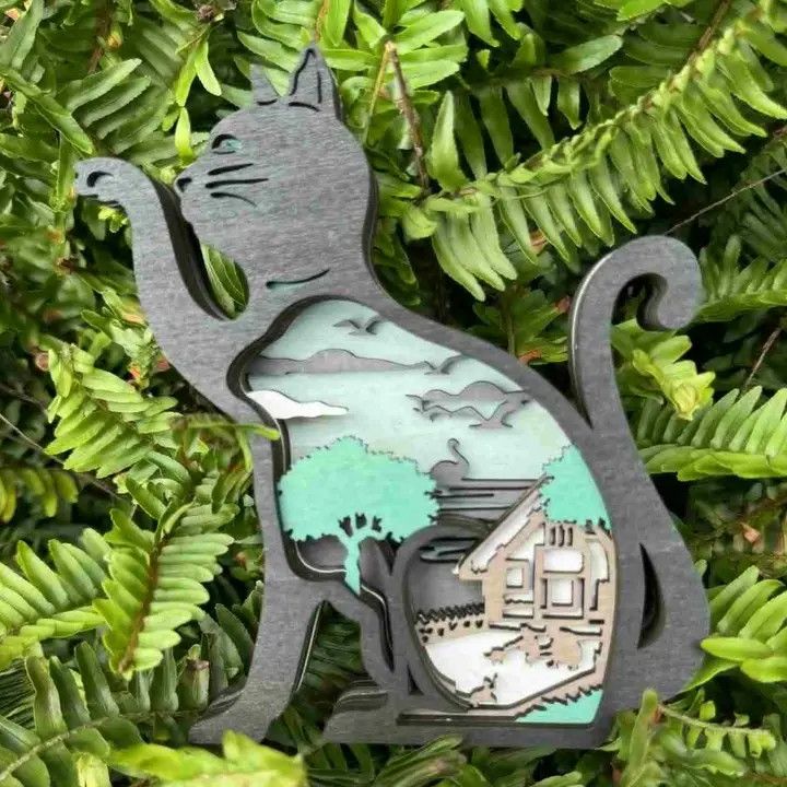 Layered wood Decoration Black Tree Cat