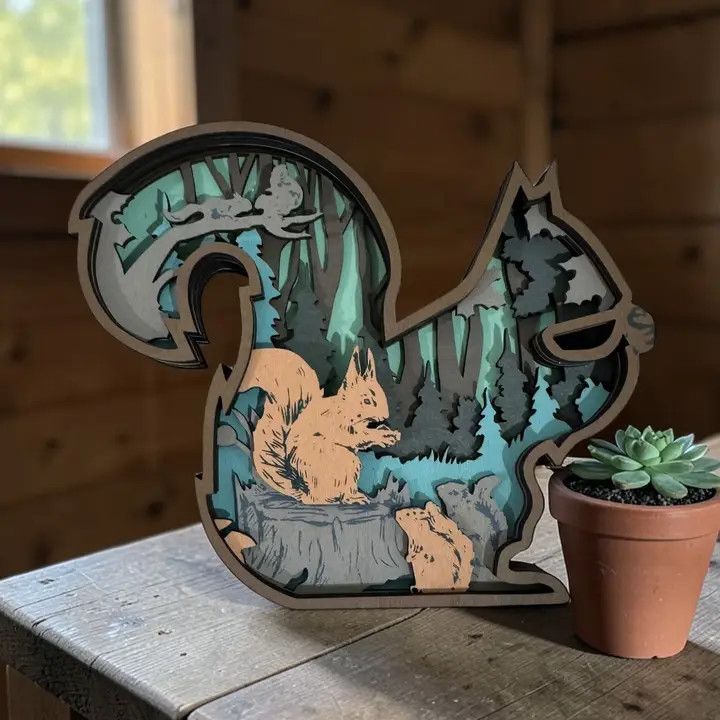 Layered wood Decoration Blue Squirrel