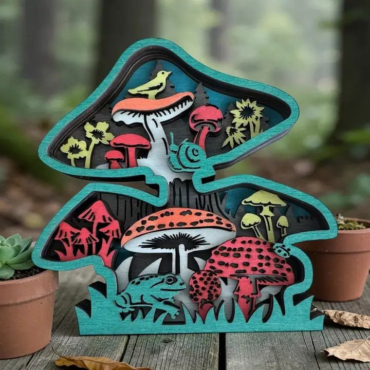 Layered wood Decoration Colorful Mushrooms