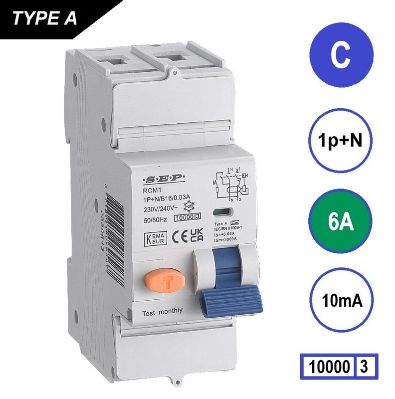 SEP RCM1 Aardlekautom. 1p+n, C6, 10mA, 10kA, Type A
