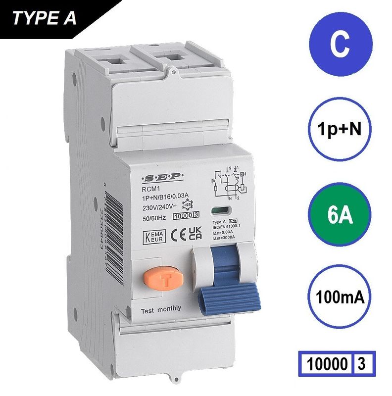 SEP RCM1 Aardlekautom. 1p+n, C6, 100mA, 10kA, Type A