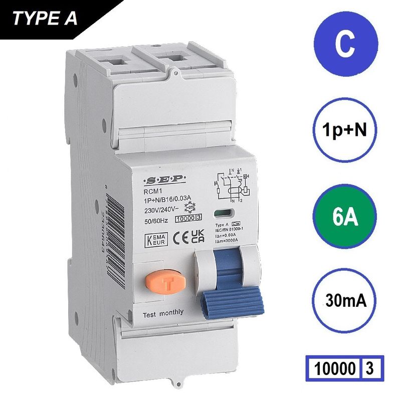 SEP RCM1 Aardlekautom. 1p+n, C6, 30mA, 10kA, Type A