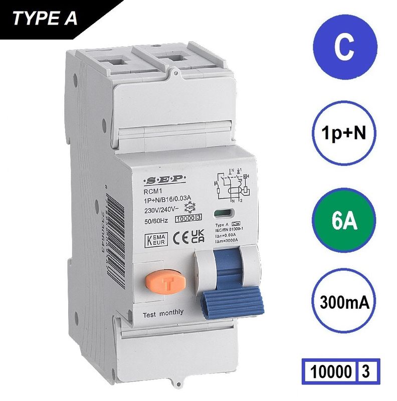 SEP RCM1 Aardlekautom. 1p+n, C6, 300mA, 10kA, Type A