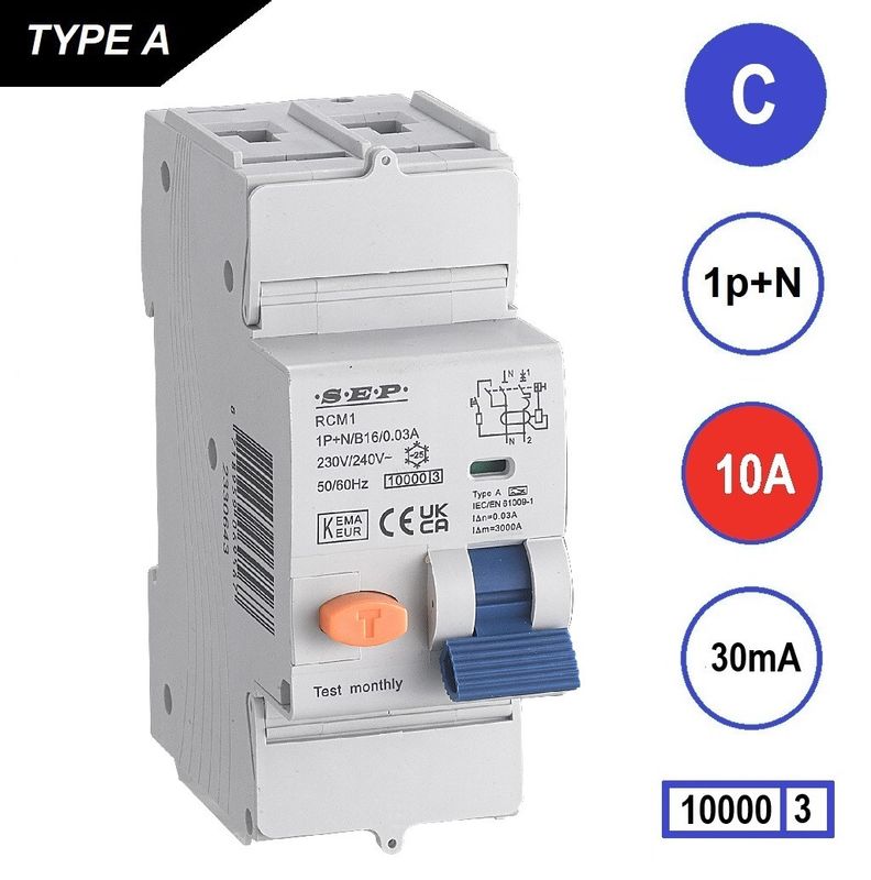 SEP RCM1 Aardlekautom. 1p+n, C10, 30mA, 10kA, Type A