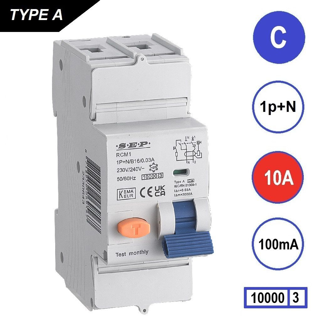 SEP RCM1 Aardlekautom. 1p+n, C10, 100mA, 10kA, Type A