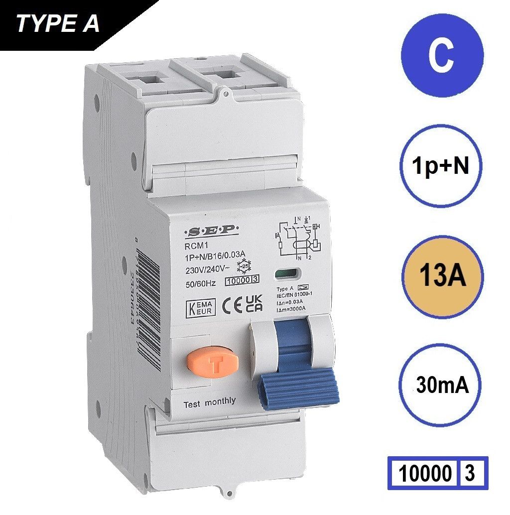 SEP RCM1 Aardlekautom. 1p+n, C13, 30mA, 10kA, Type A