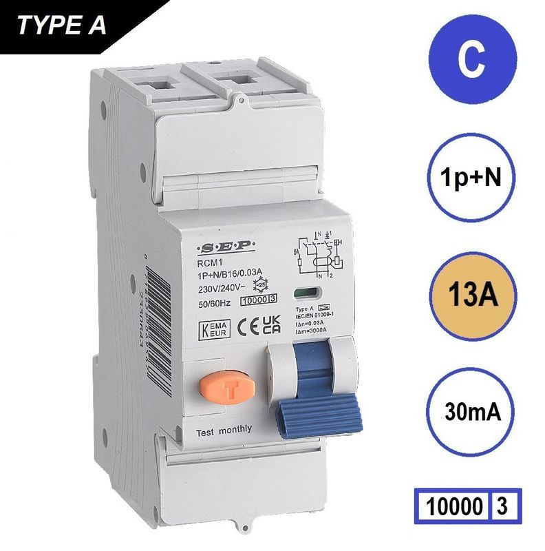 SEP RCM1 Aardlekautom. 1p+n, C13, 30mA, 10kA, Type A