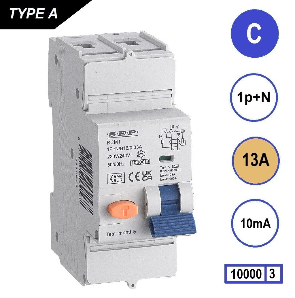SEP RCM1 Aardlekautom. 1p+n, C13, 10mA, 10kA, Type A