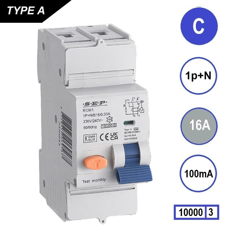 SEP RCM1 Aardlekautom. 1p+n, C16, 100mA, 10kA, Type A