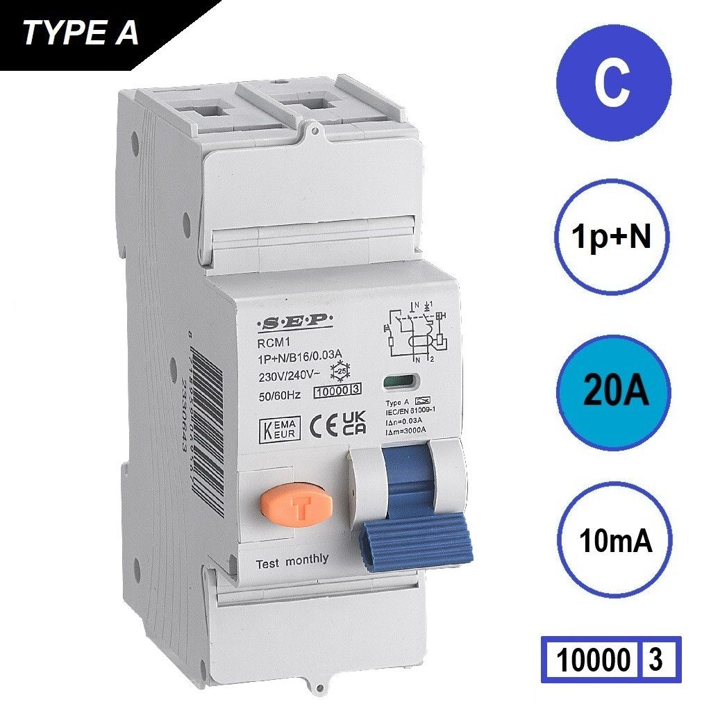 SEP RCM1 Aardlekautom. 1p+n, C20, 10mA, 10kA, Type A
