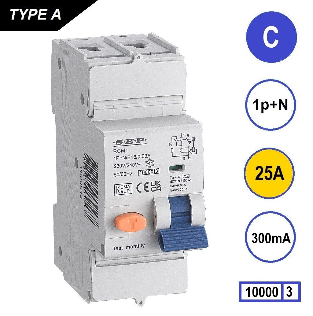SEP RCM1 Aardlekautom. 1p+n, C25, 300mA, 10kA, Type A