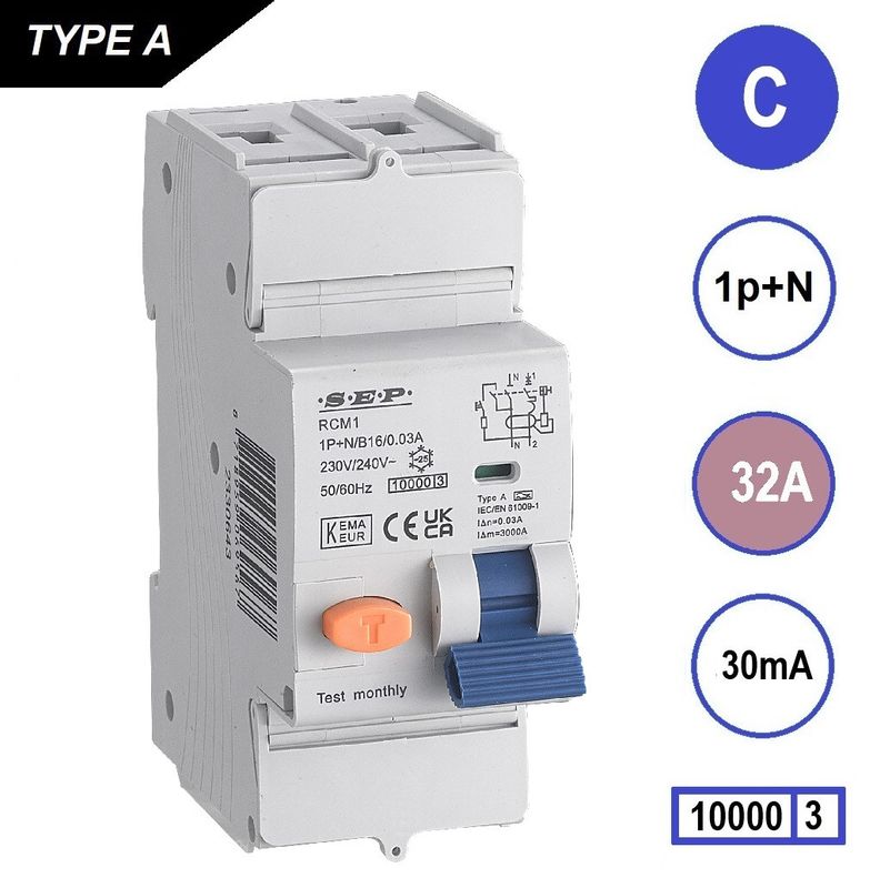 SEP RCM1 Aardlekautom. 1p+n, C32, 30mA, 10kA, Type A