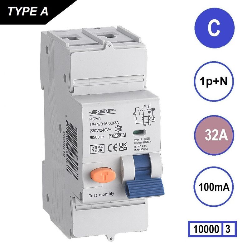 SEP RCM1 Aardlekautom. 1p+n, C32, 100mA, 10kA, Type A